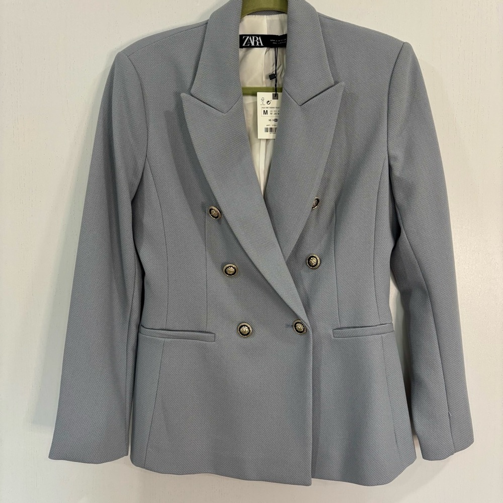 Zara Women's Blue Double Breasted Blazer with Gold/Black Buttons. - Picture 3 of 7